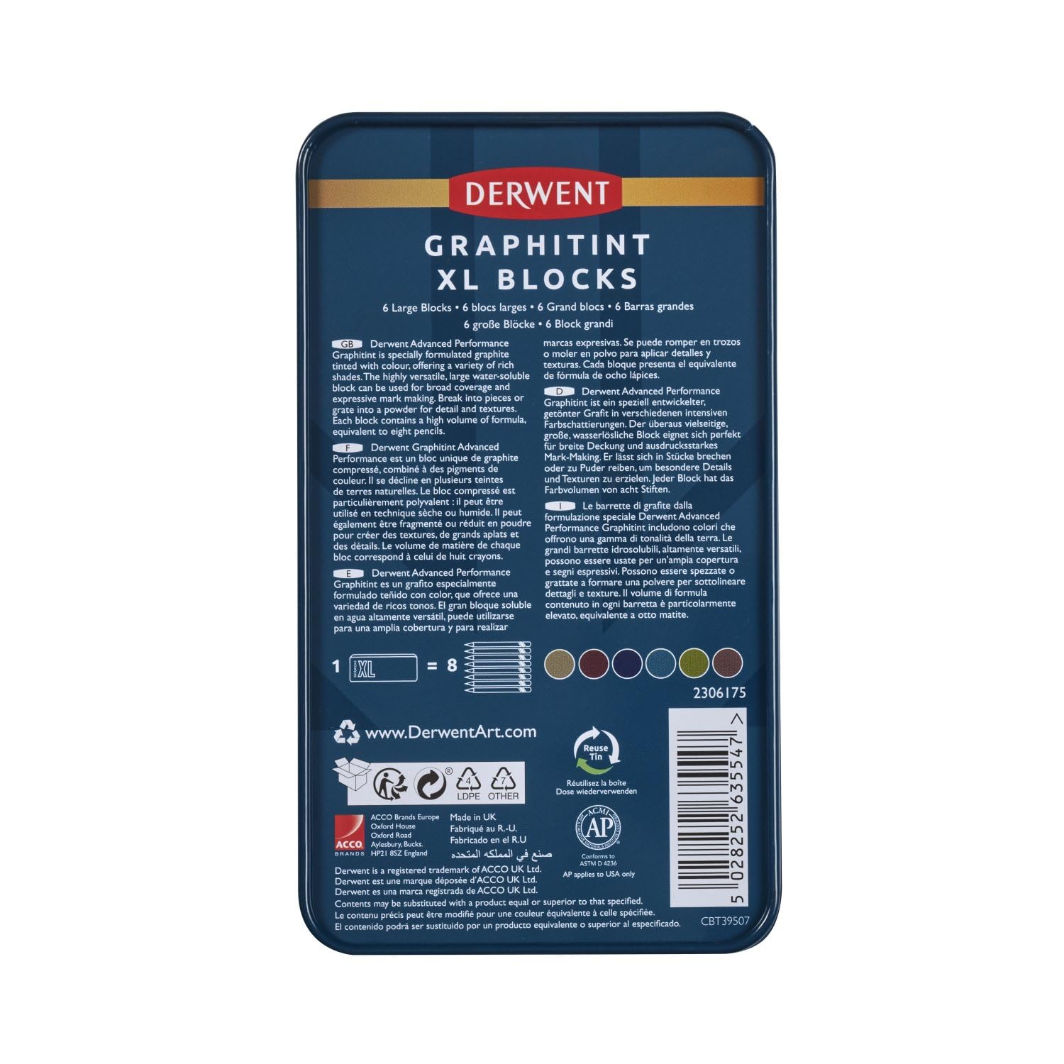 Derwent Graphitint XL Blocks 6 Tin, Set of 6, 60mm Extra-Large Block, Water-soluble, Ideal for Sketching, Drawing and Expressive Mark Making, Professional Quality (2306175) - Image 5