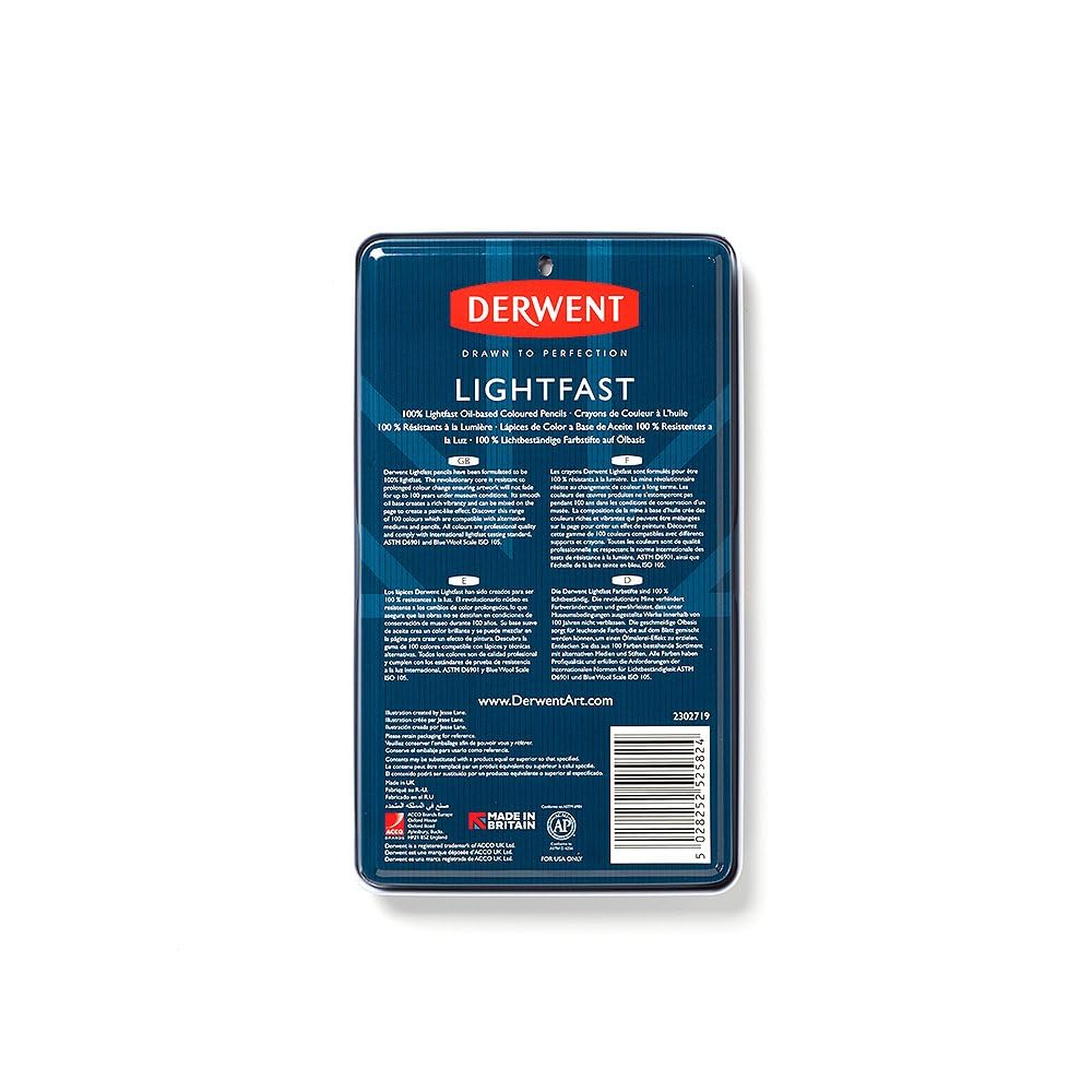 Derwent Lightfast Colored Pencils 12 Tin, Set of 12, 4mm Wide Core, 100% Lightfast, Oil-based, Premium Core, Creamy, Ideal for Drawing, Coloring, Professional Quality (2302719) - Image 4